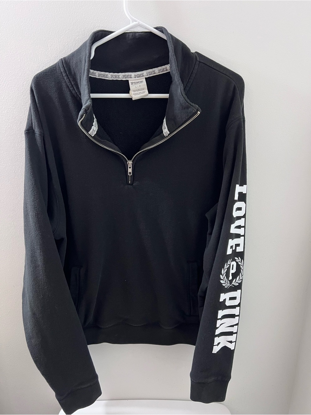 PINK Victoria's Secret Black Quarter-Zip Pullover with Sleeve Logo